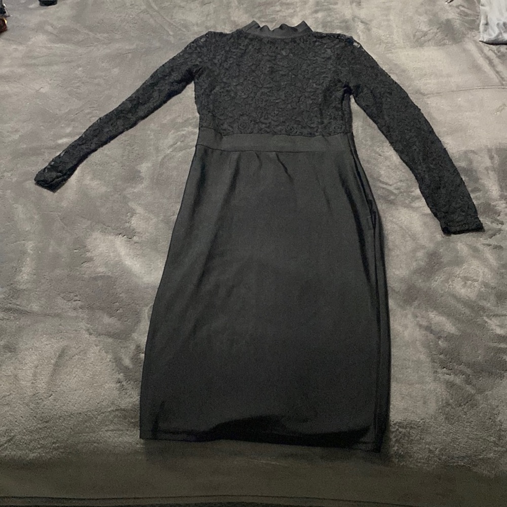 Cute midi black lace bodycon dress… polyester, cotton and spandex… size SMALL